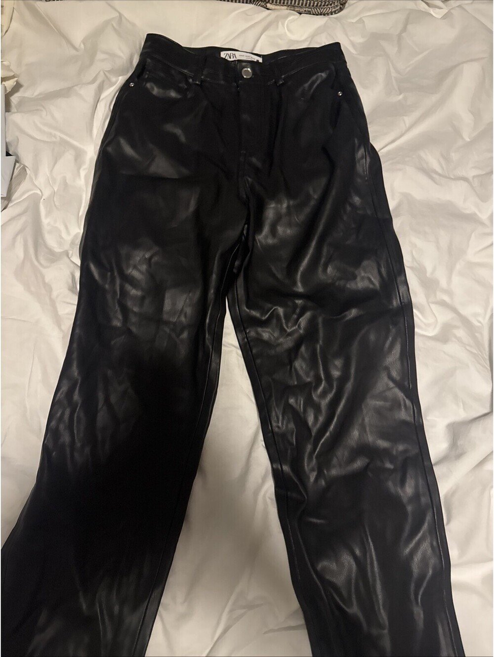Zara Women's Size 02Black Faux Leather High Rise Relaxed Straight Leg Pants